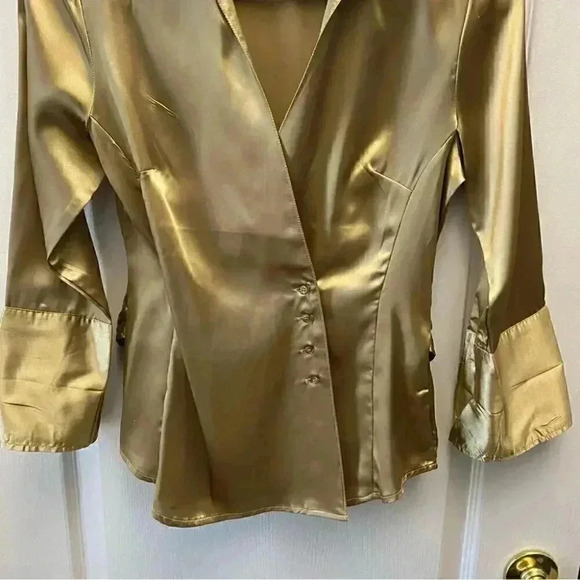 Suzy Shier Wrap Blouse Gold Satin V Neck Tie Waist 3/4 Sleeve Sash  Belt Size XS - Picture 8 of 16